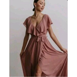 Baltic Born Size Medium Faux Wrap Ruffle Wedding Event Maxi Dress Dusty Pink